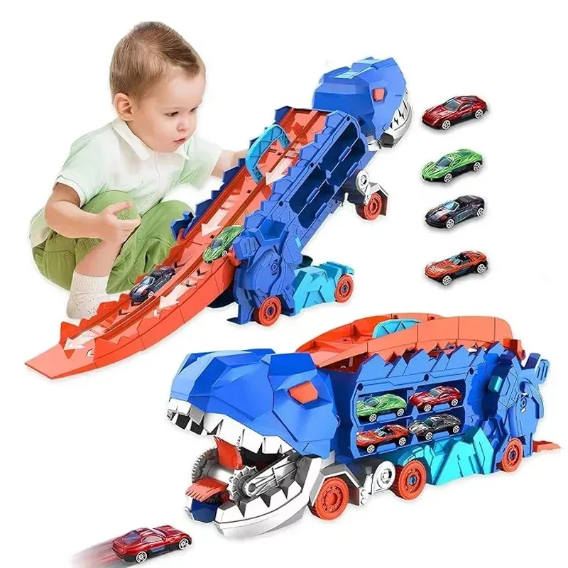 

Foldable Transport Dinosaur Truck With Sliding Race Track Transformation Action Figure Robot Toys Into Standing Birthday Gifts