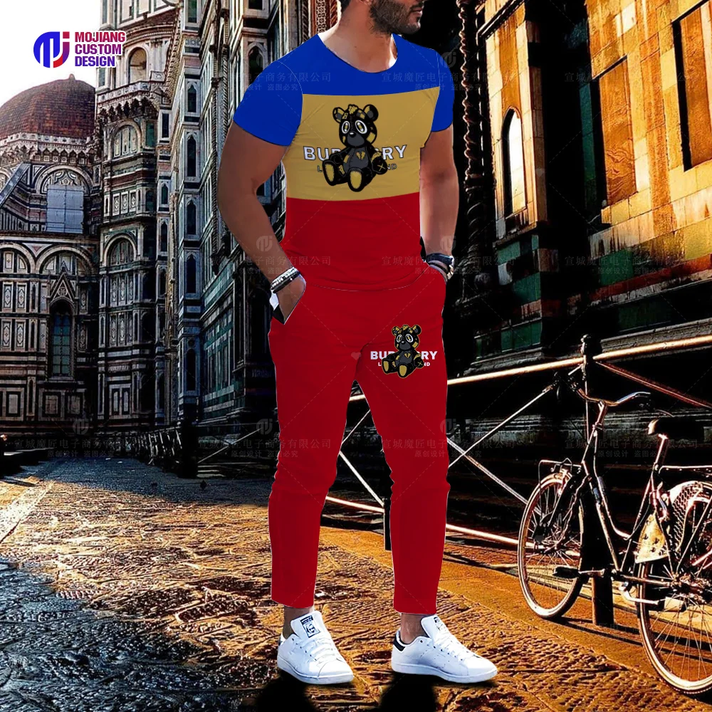 Camiseta de oso personalizada con estampado 3D para hombre, pantalones de manga corta, ropa deportiva de verano de 2 piezas, traje informal, ropa