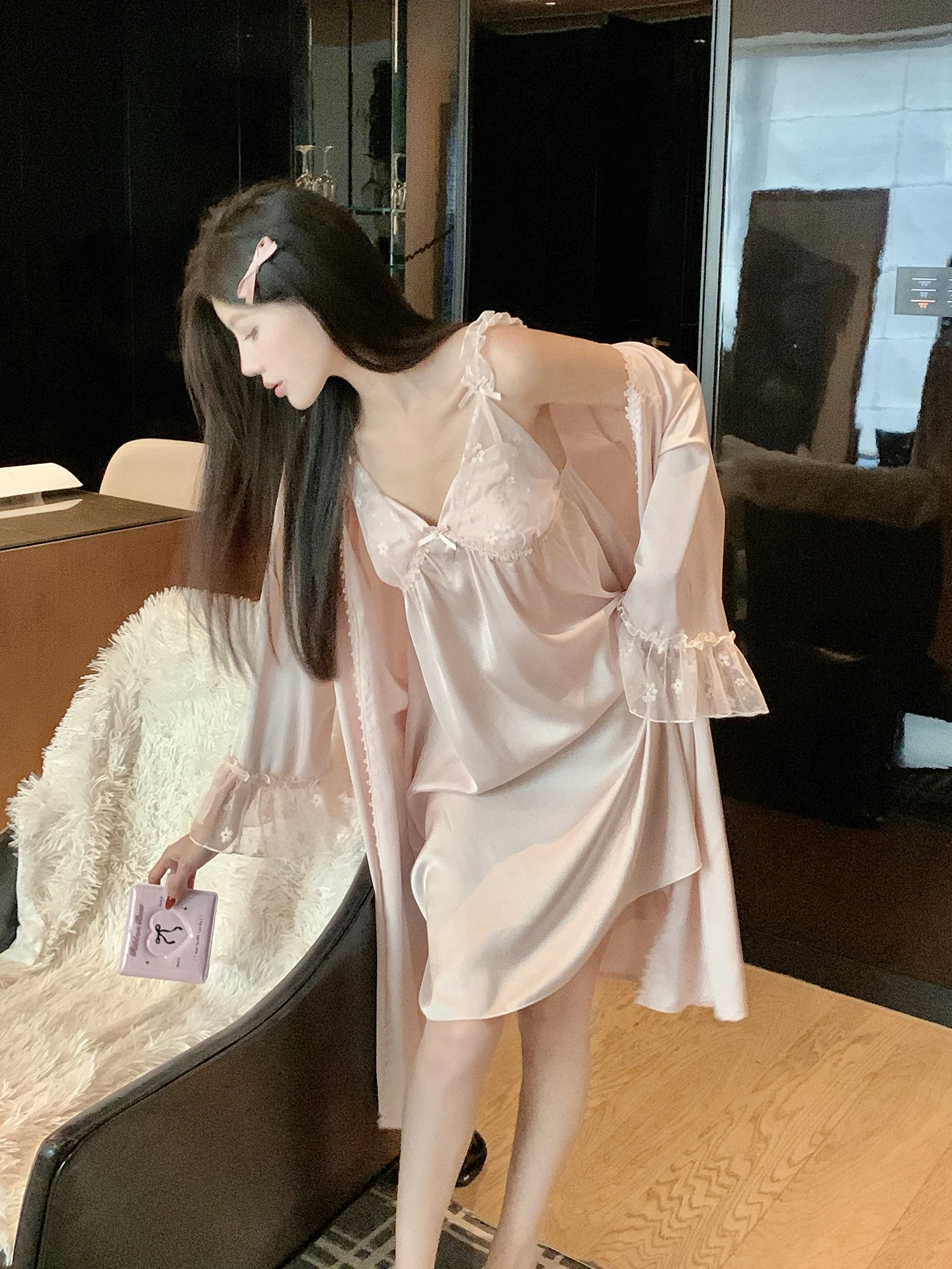2025 New Sexy Strap Ice Silk Nightdress Sweet Girl Japanese Style Ins Summer Thin with Chest Pad Robe Two-Piece Set Loungewear