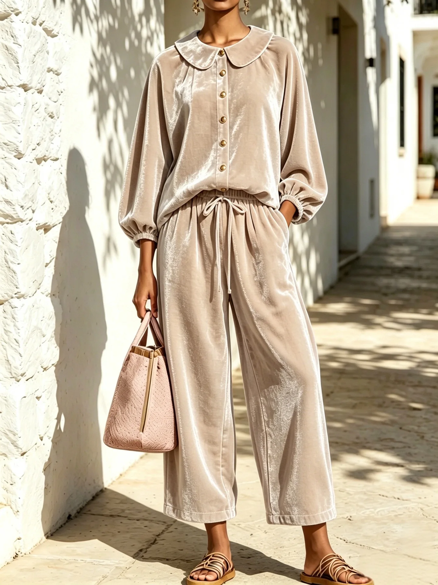Ladies Soft Two Piece Set Casual Daily Peter Pan Collar Lantern Puff Sleeve Button Tops Drawstring Elastic Waist Wide Leg Pants