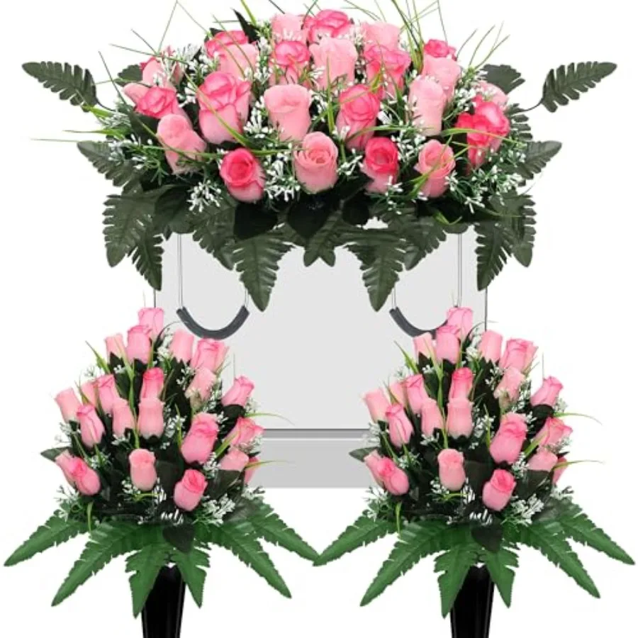 

3Pack Artificial Cemetery flowers for grave, Headstone flower saddle Gravesite Decoration Roses Memorial Bouquets with Cemetery
