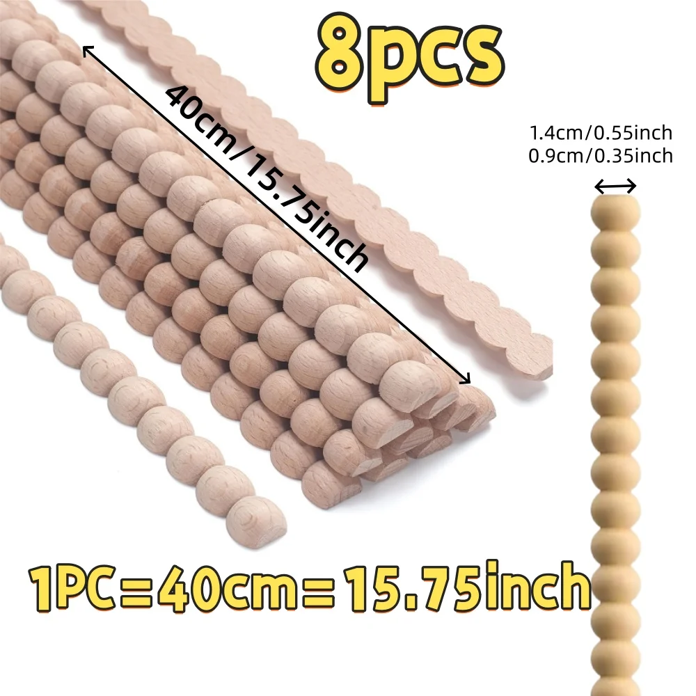 8pcs Half Round Wooden Beaded Molding Sticks Multifunctional Craft Wood Strips Decoration DIY Cabinet Furniture Accessories