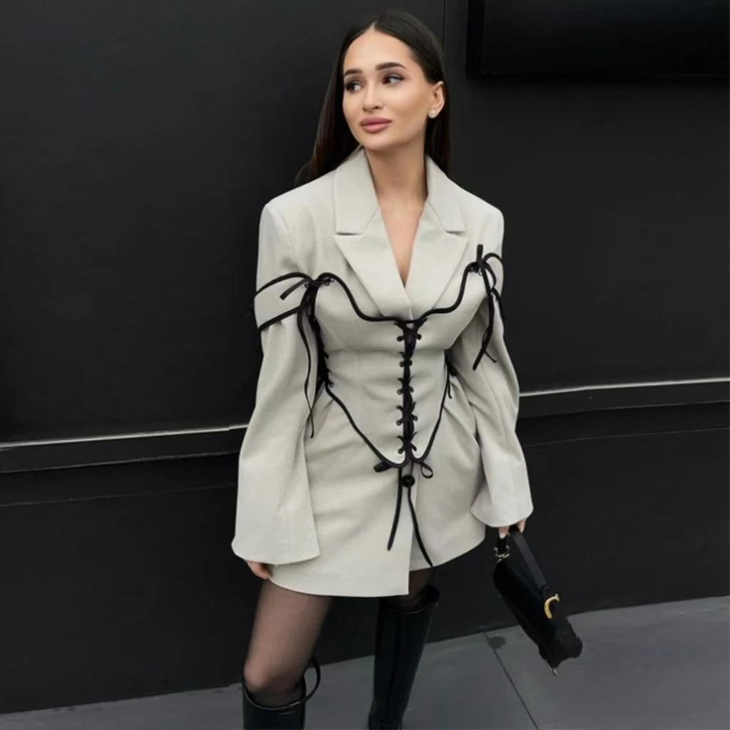 Autumn Faion Women's Long Sve Suit Coat And Waist Belt Two-Piece Set Woolen Material Stand Collar Ele Sle