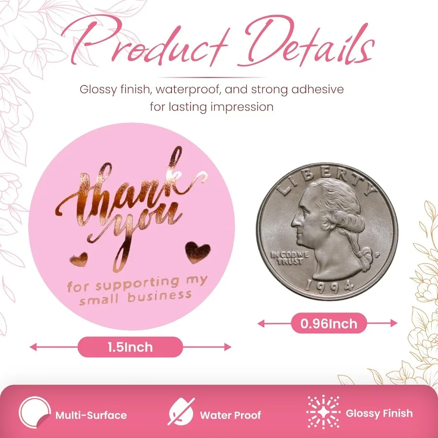 500 قطعة 1.5 بوصة الوردي والذهب الوردي شكرا لك ملصقات للأعمال الصغيرة التعبئة والتغليف ملصقات مقاومة للماء ذاتية اللصق مع Beaut #3