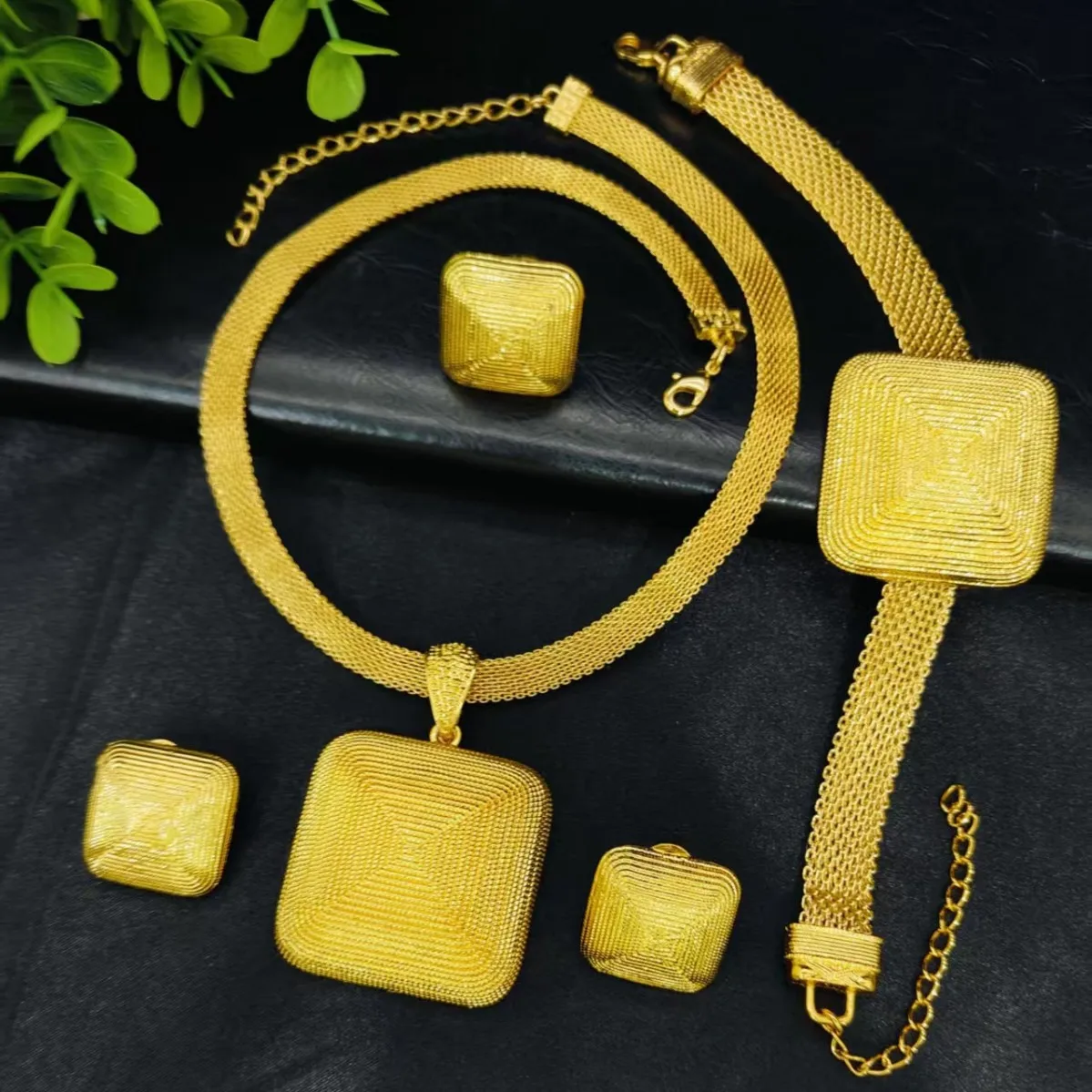 Cube Sugar Necklace Earrings Ring Bracelet 4Pcs Set For Women 24K Gold AU999 exquisite matching jewelry for daily outfits