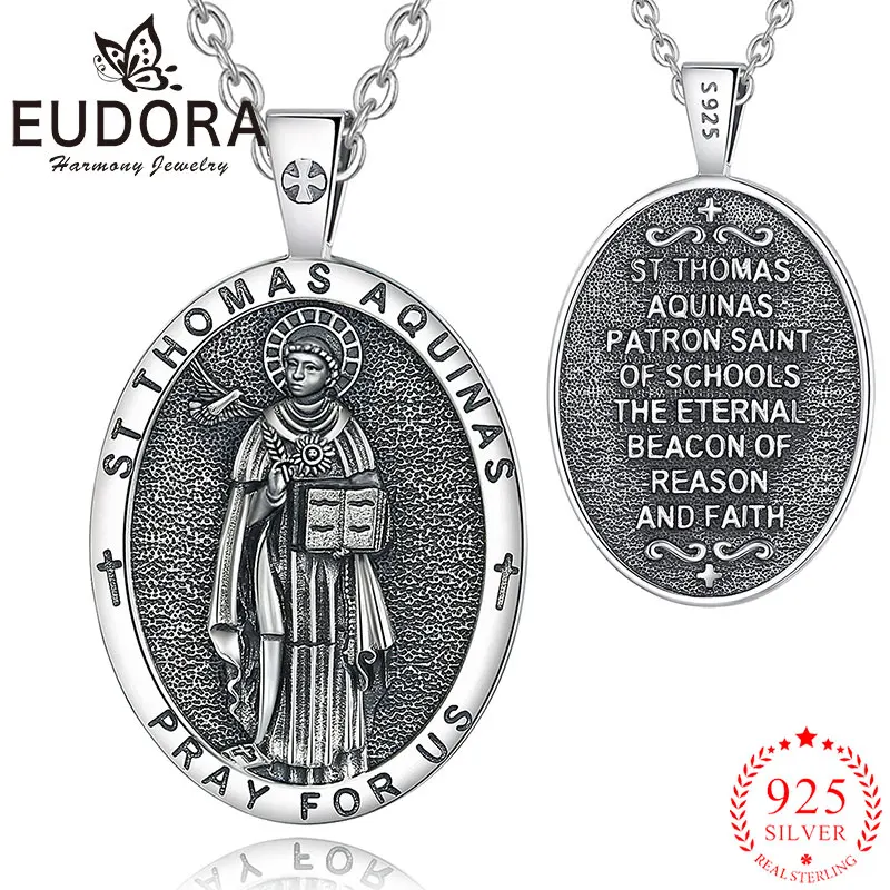 

Eudora Saint Thomas Aquinas Necklace 925 Sterling Silver Catholic Cross Pendant Religious Jewelry Vintage Gift for Men Woman