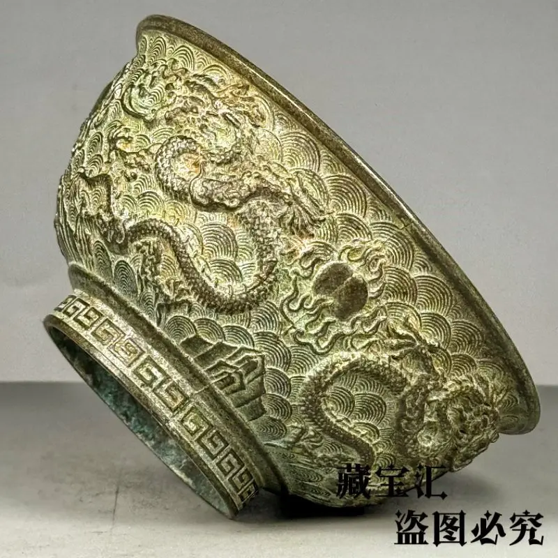 Old Collection Retro Unearthed Green Patina Hand Carved Dragon Bowl Qianlong Bronze Cornucopia Dragon Prosperity Statue Ornament