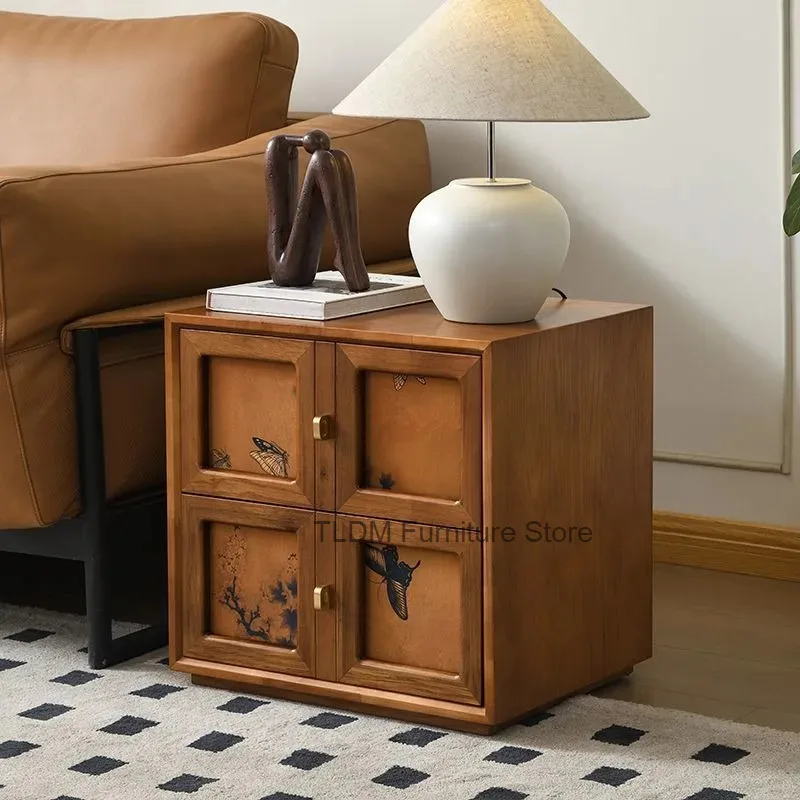 Square Knob Retro Chest Wood Accent Side Storage Cabinet Brass Butterfly Small Floral Cabinet Print for Living Room Sofa Side