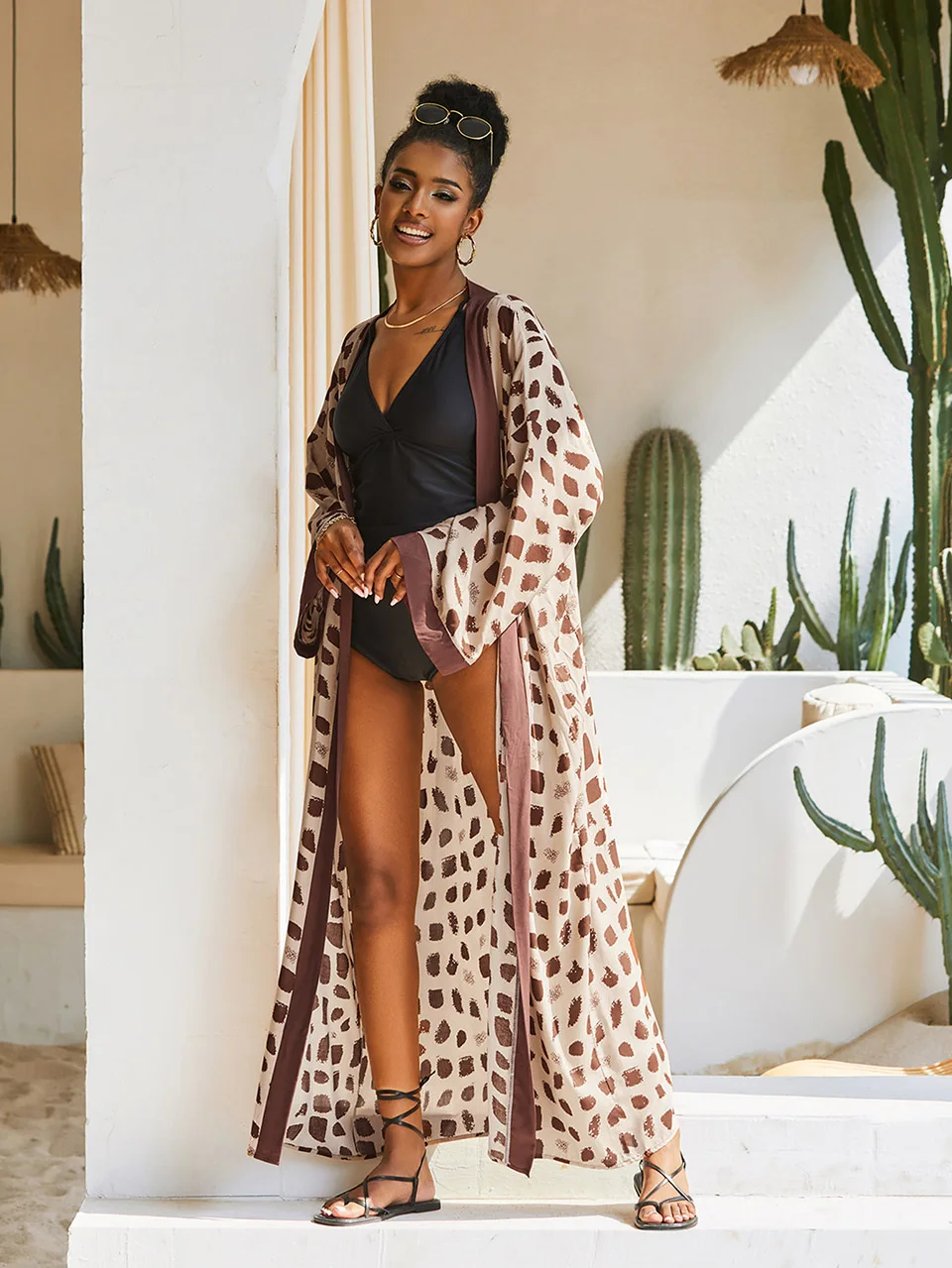 Spotted-print Kimono Beach Cape Summer Outfits for Women Rayon Bathig Suit Cover Up Tunic Pareo Boho Fashion Beachwear Robe