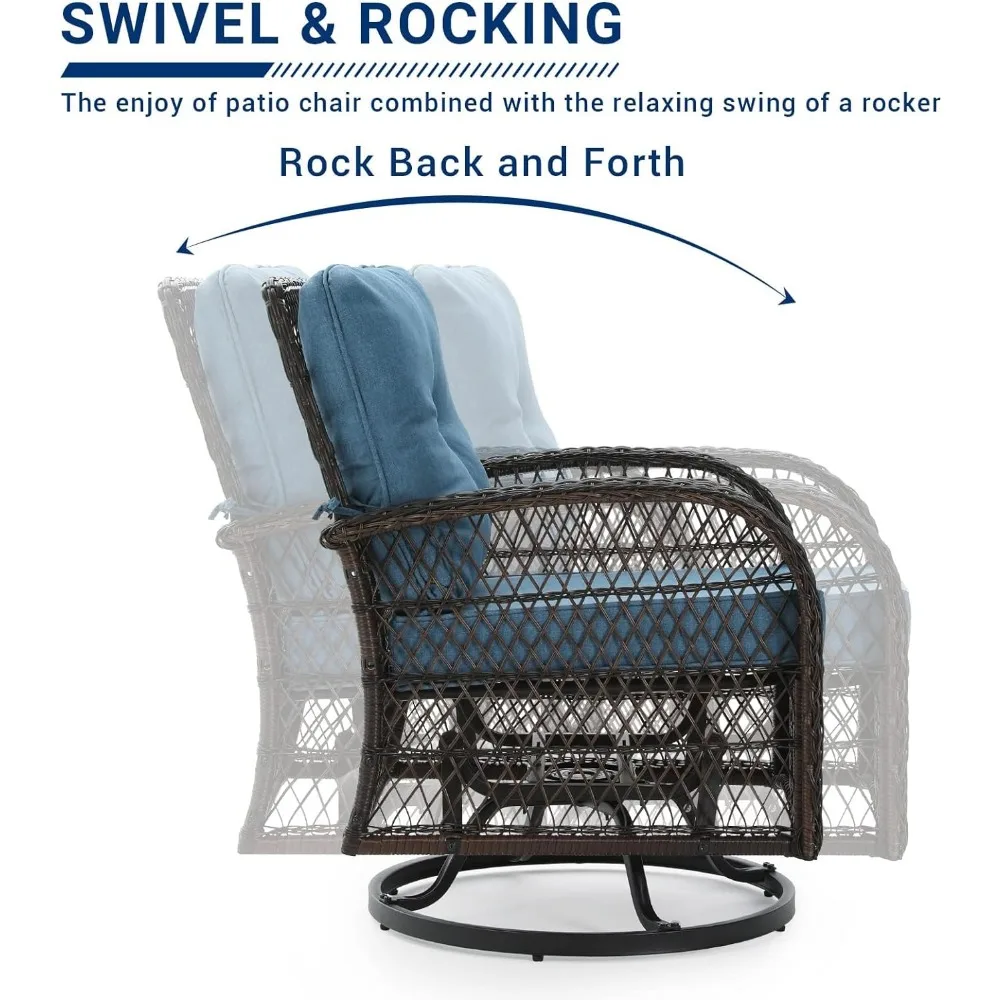Pátio de vime Bistro Set com cadeira de balanço Rattan, Outdoor Swivel Glliders, Rocker Furniture Set, 3 pcs