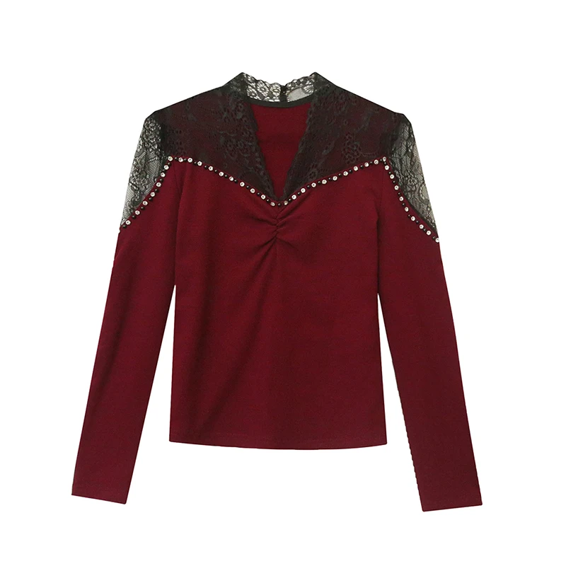 New Autumn Winter Long Sleeved V-Neck Women\'s T-Shirt Elegant Slim Sexy Hollow Out Beading Mesh Tops M-3XL Clothing