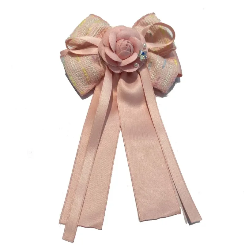 Korean Fabric Camellia Flower Brooch Long Ribbon Bow Tie Crystal Shirt Collar Pins Wedding Party Brooches for Women Accessories