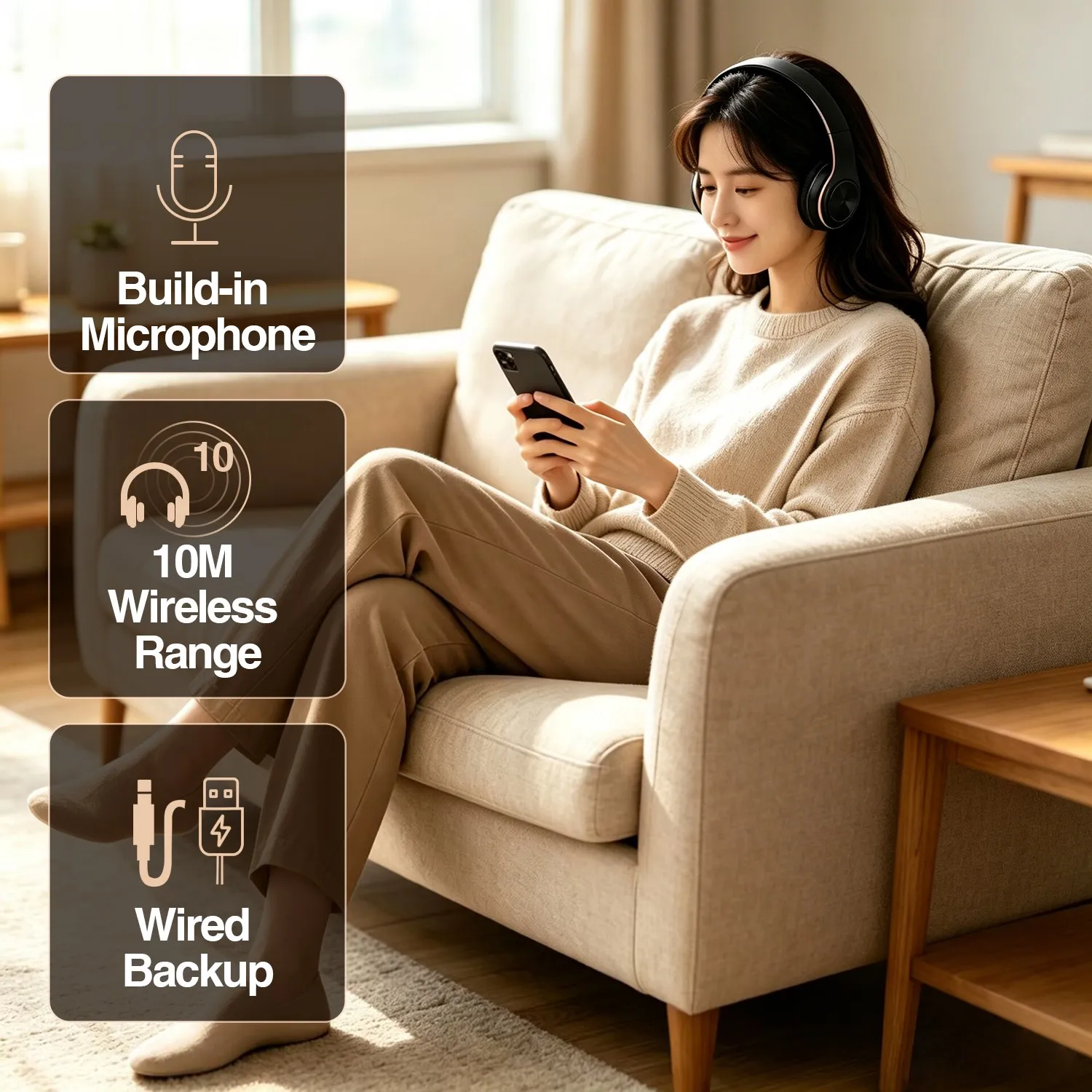 Słuchawki bezprzewodowe Bluetooth stereo AYVVPII z FM i obsługą kart SD, z mikrofonem, do telefonów komórkowych iPhone, Samsung, tabletów i odtwarzaczy MP3. — zdjęcie produktu 2