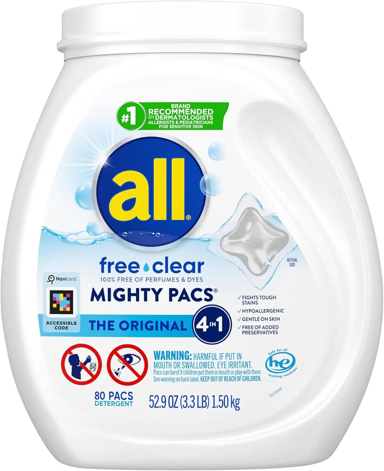 

80 Count Free Clear Laundry Detergent Pacs, All Unit Dose for Sensitive Skin, Mighty Clean