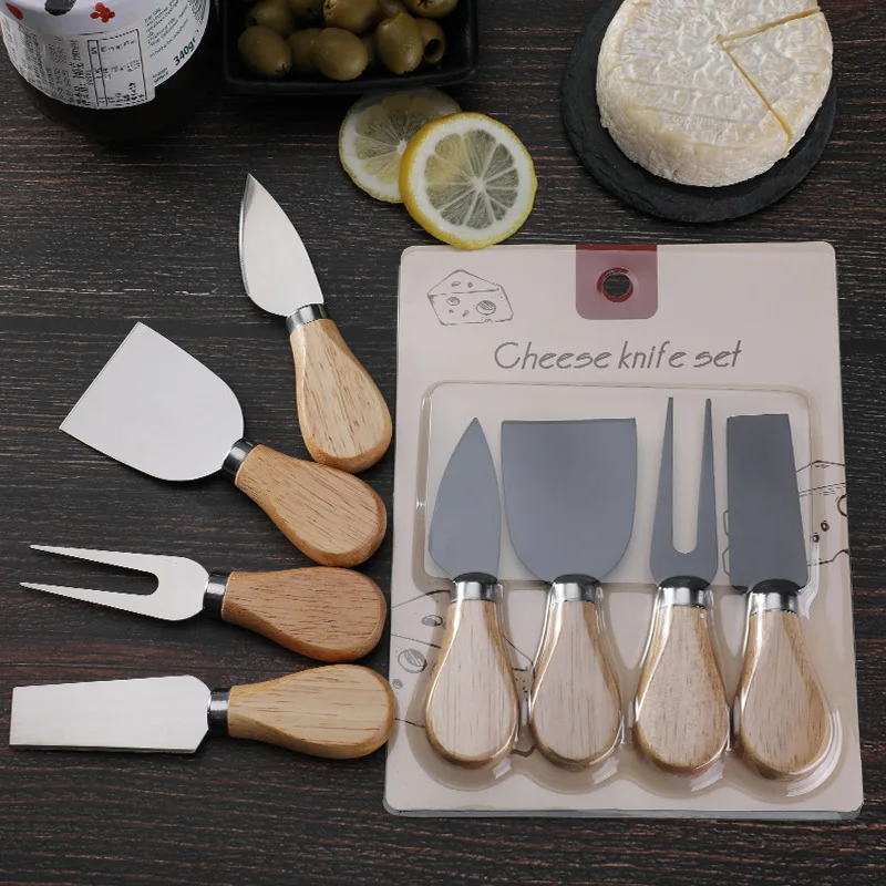 4Pcs/Set  Kitchen Cheedse Cutter Useful Cooking Tools Wood Handle Sets Oak Bamboo Cheese Cutter Knife Slicer Kit