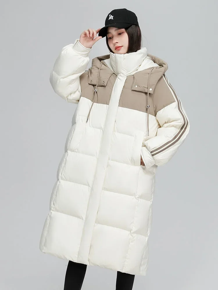 

Women's Down Jacket 2023 Winter Korean Color Blocking Hooded Long Coats Warm White Parker Fashion Jackets for Women