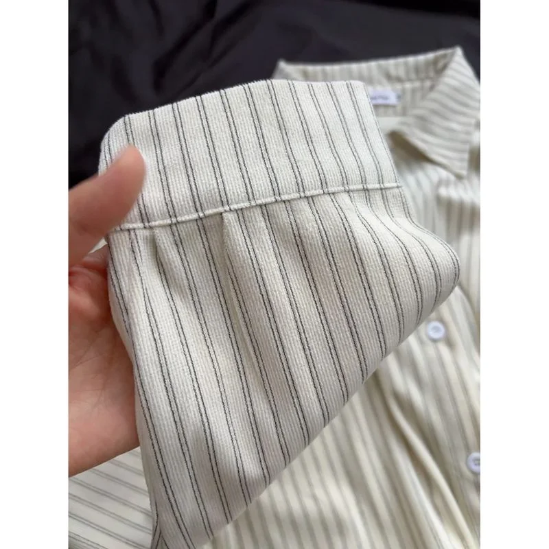 Korean Chic Versatile Striped Long-sleeved Shirt for Women New Design Loose Outer Lapel Jacket