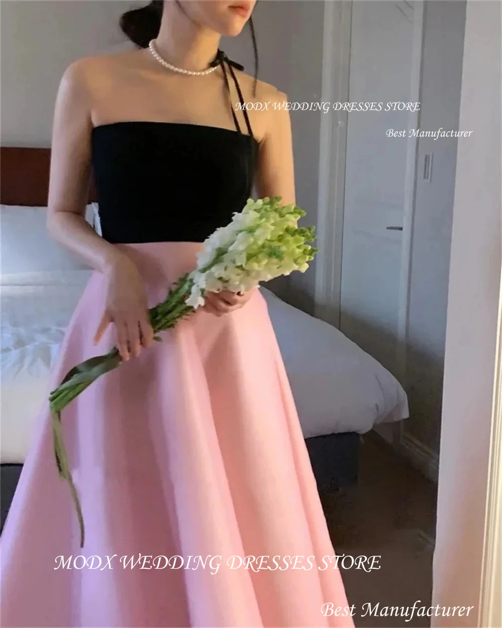 MODX فساتين الحفلات المسائية الكورية باللون الأسود والوردي على شكل حرف A بدون حمالات لصور الزفاف بدون أكمام بدون ظهر مشد للحفلات الراقصة #4