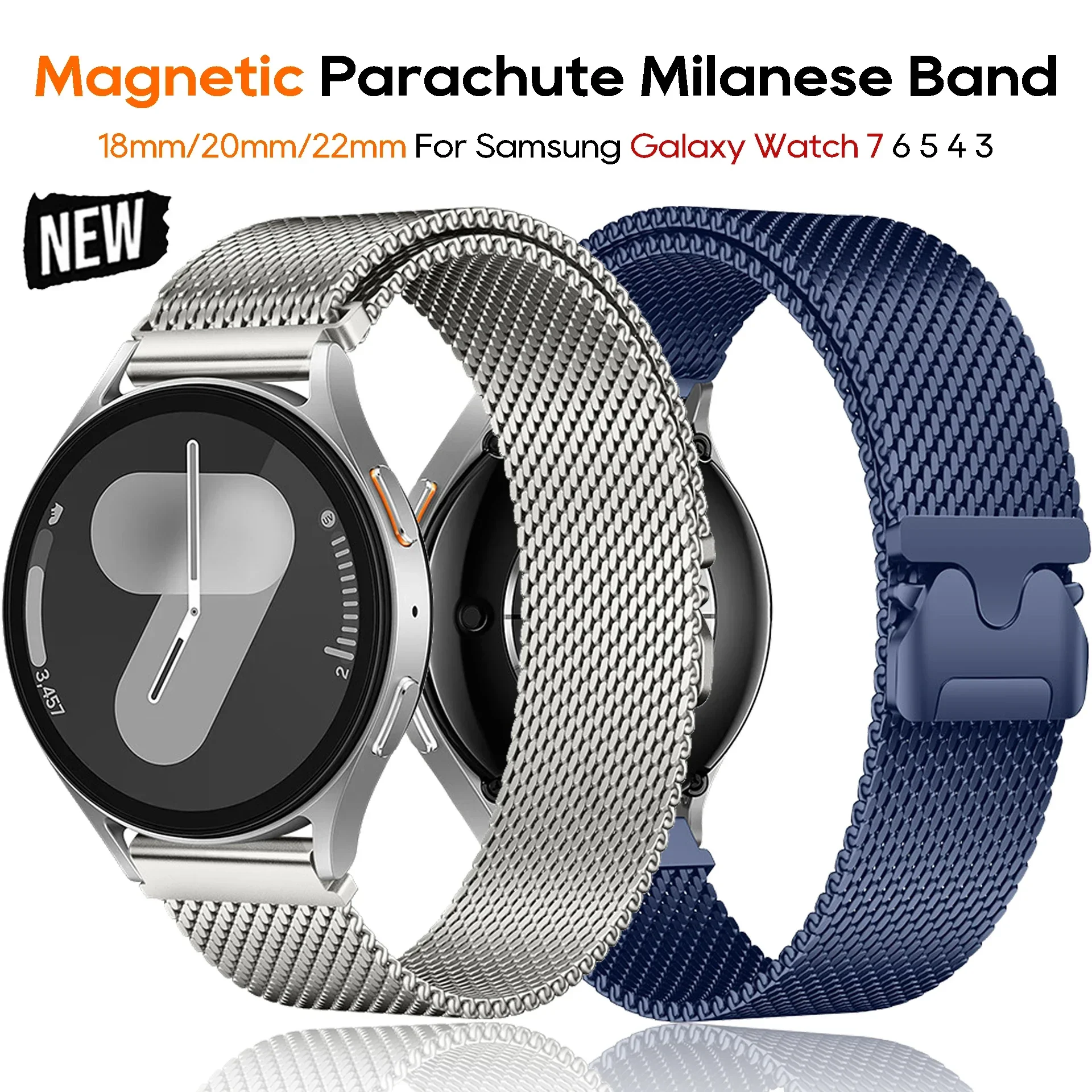 Milanese Loop Strap for Samsung Watch 7 5 Pro 6 4 Classic 44mm/3/Active 2 18mm/20mm/22mm Bracelet Magnetic Parachute Band