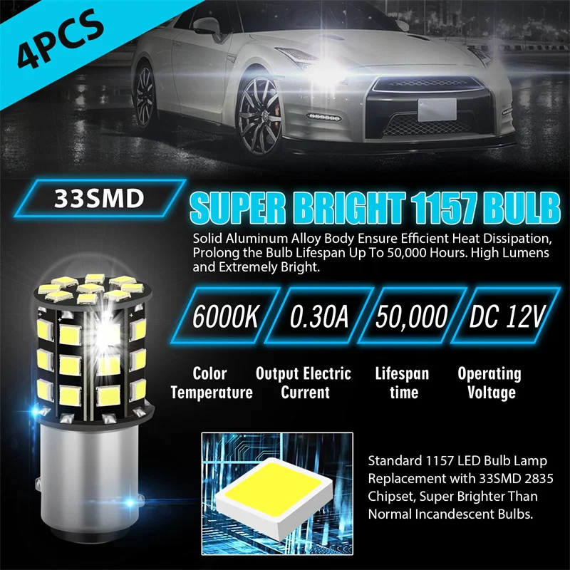 

4Pcs 1156 BA15S Car LED Lights Brake Light LED 10-30V Reverse Turn Signal Light 2835Chips 33SMD Plug And Play Lighting Lamp Bulb