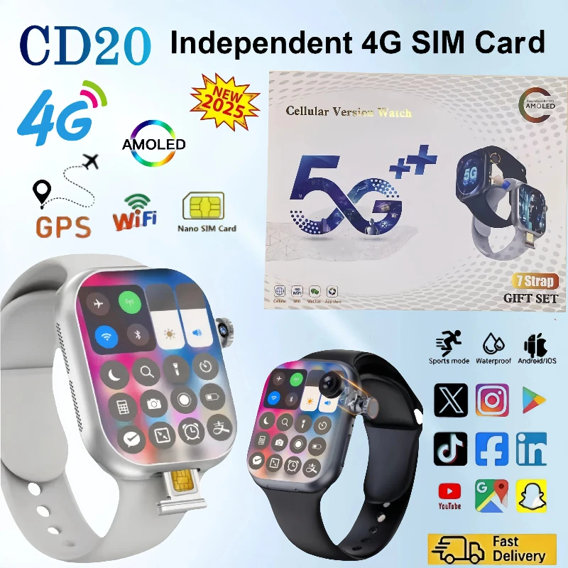 

CD20 smartwatch global version supports SIM card WiFi GPS video call 2.29-inch AMOLED screen 490x580 with 180 ° rotating camera