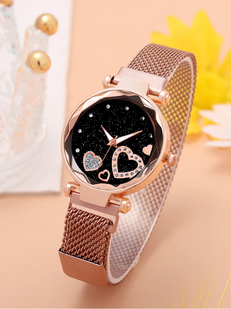 5pcs Women\'s Fashion Starry Sky Love Absorbent Iron Mesh with Quartz Watch+Bracelet Combination Set