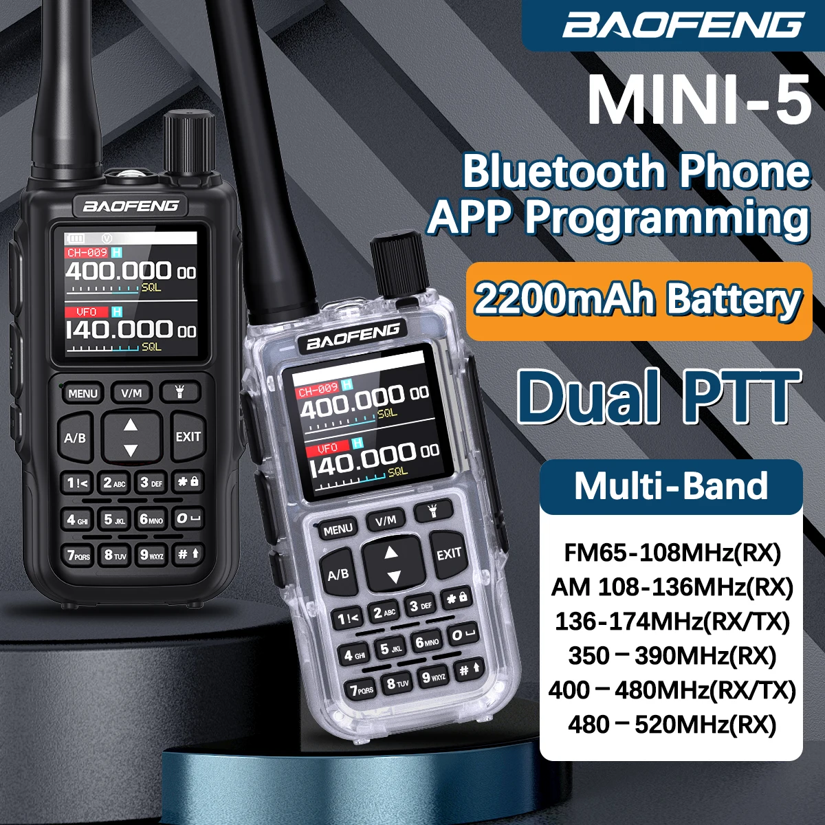 

Рация BAOFENG MINI 5 с аккумулятором 2200 мАч, Bluetooth-программированием, UHF/VHF, двойным PTT, улучшенная версия UV-5R MINI, для кемпинга
