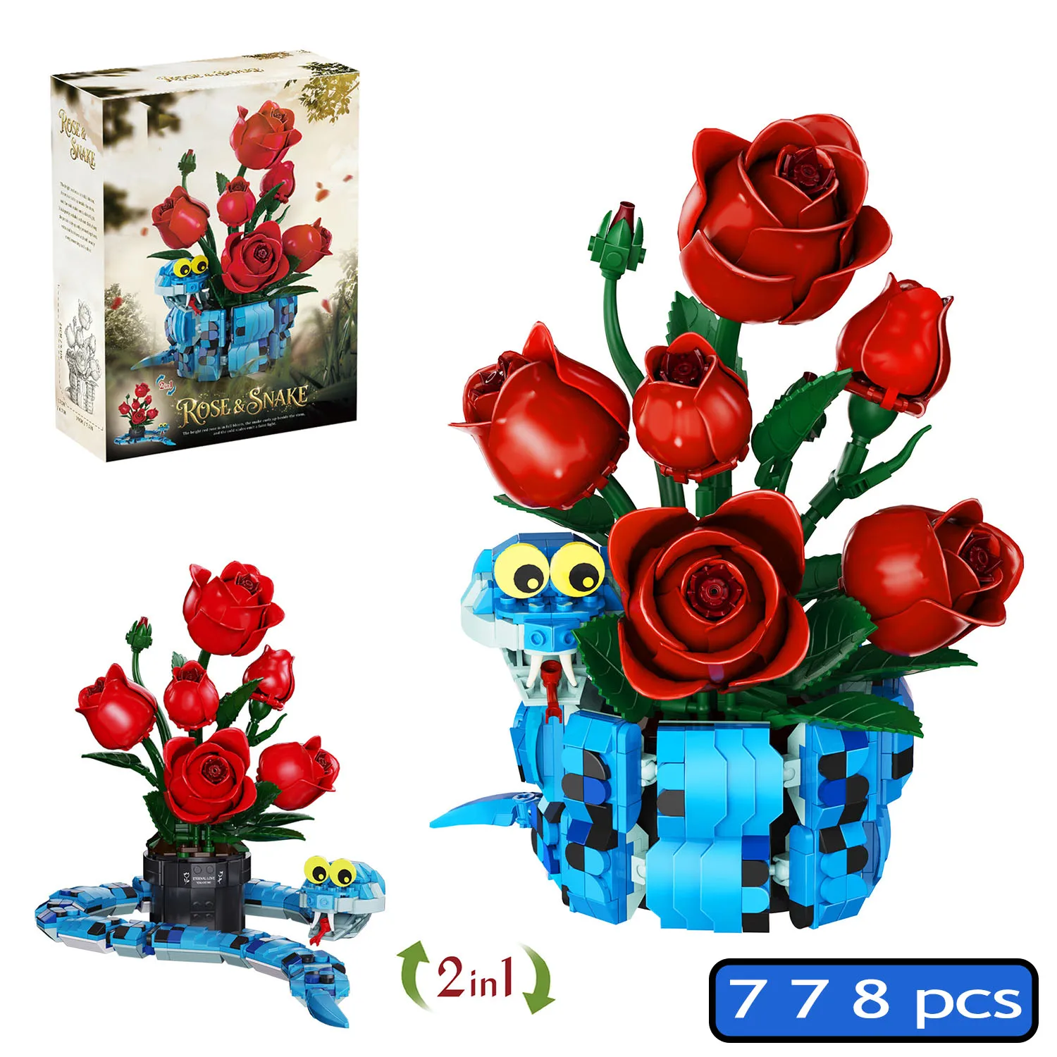 778Pcs MOC Creative 2 in 1 Potted Rose Blue Snake Model Building Blocks City Home Ornaments Animal Assembly Brick Toys DIY Gift