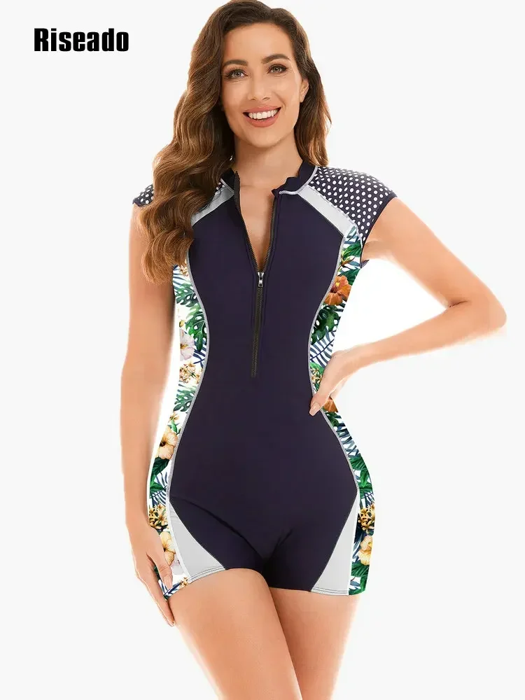 

Sport Rash Guard Swimwear Women 2024 One Piece Boyleg Swimsuits Navy Surfing Suits with Zipper for Tall Ladies(UPF 50+)