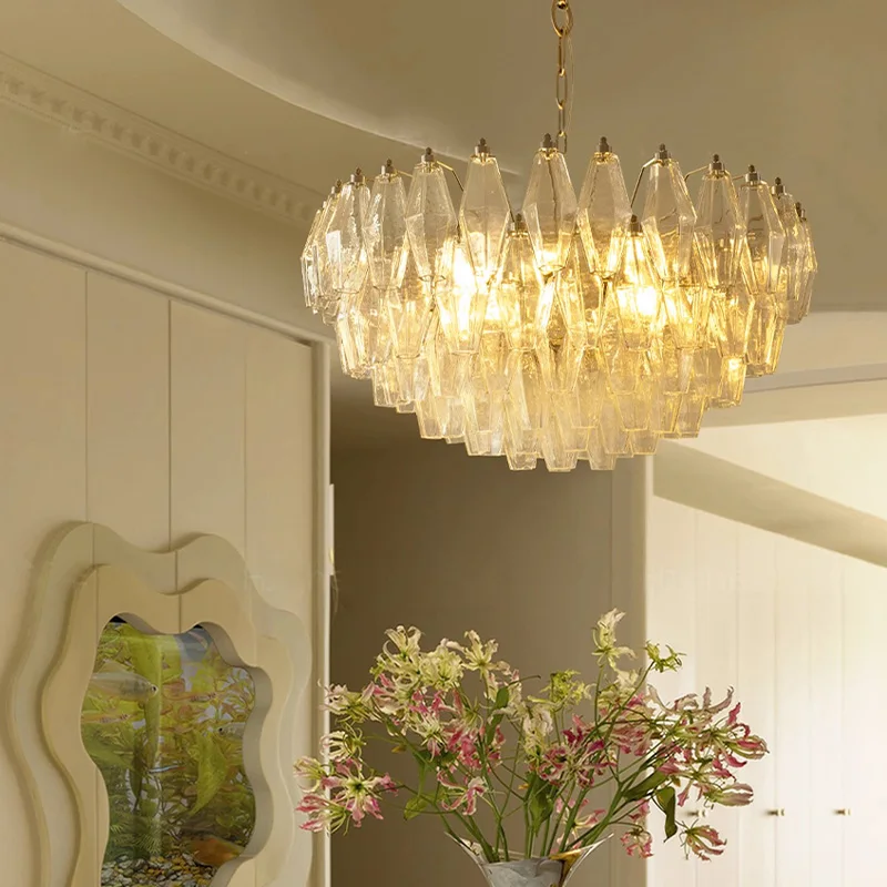 

Scandinavian blue glass chandelier with diamond pendant transparent lustre For living room, bedroom, dimmable