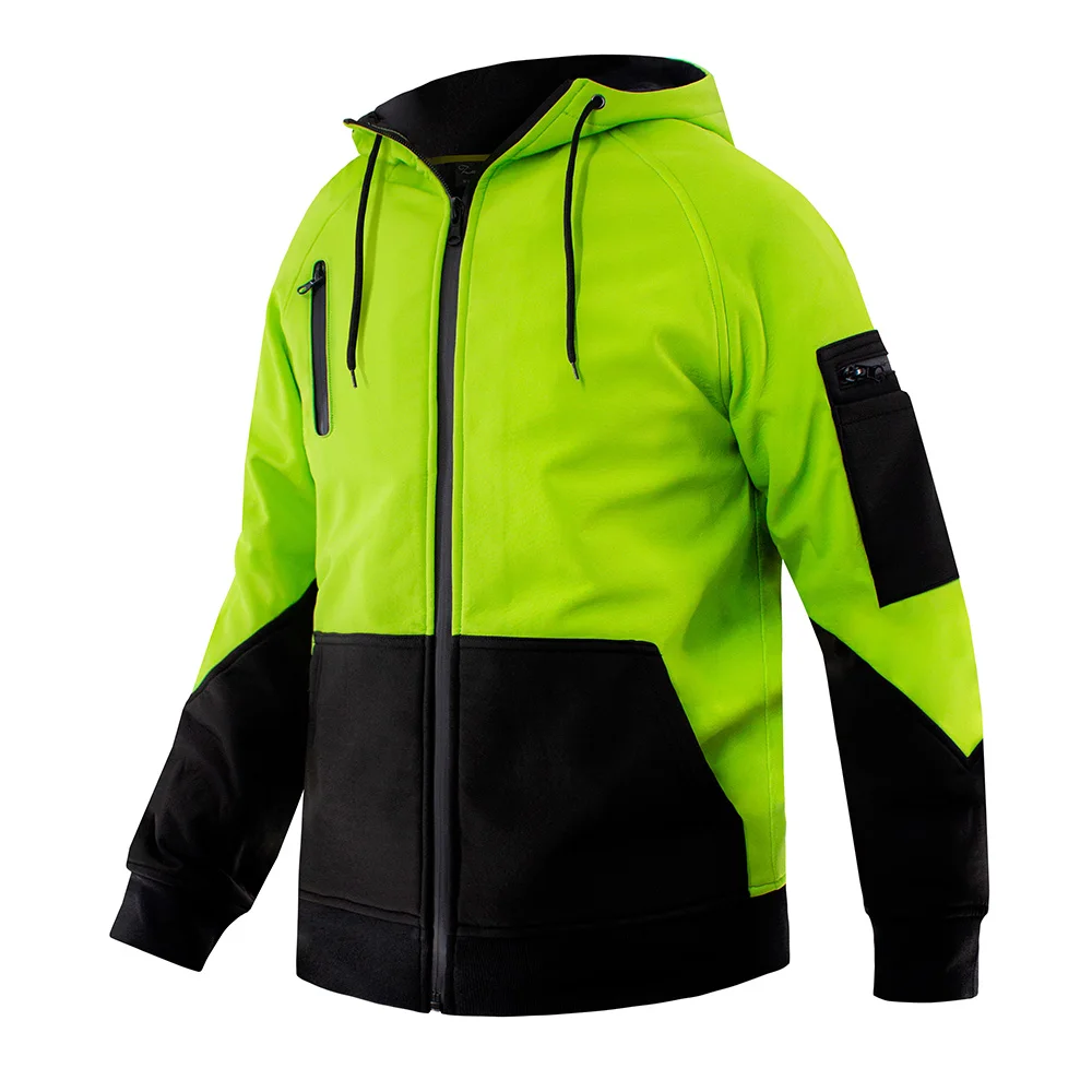 Men\'s Yellow Black High Visibility Safety Softshell Jacket Hi Vis Fleece jacket With Reflective Tripes Workwear Safety Hoodied