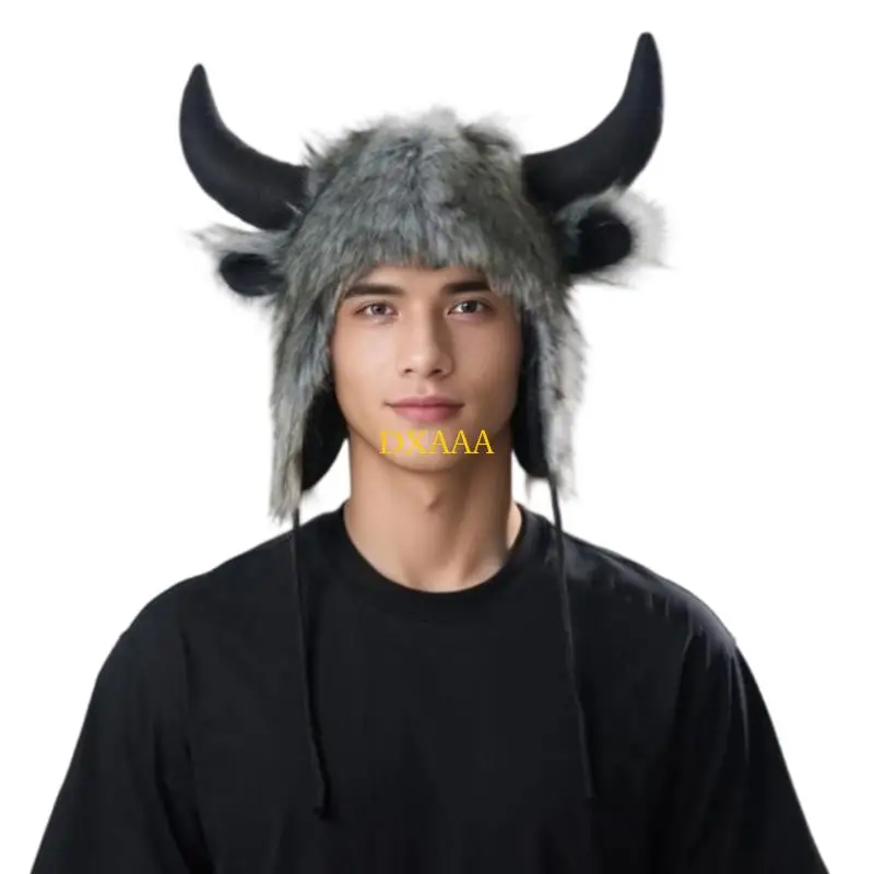 DXAA – chapeau Costume d'animal, couvre-oreilles en corne taureau, casquette Costume en peluche douce pour adultes,
