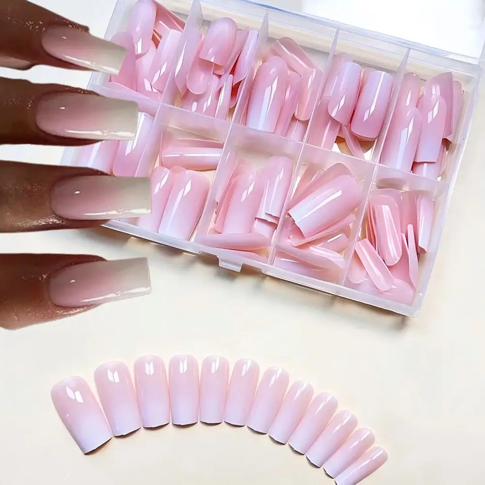 120 Stück minimalistische rosa-weiße Farbverlaufsnägel zum Aufdrücken, glänzend, lang, quadratisch, französische Kunstnägel, vollständige Abdeckung, tragbar, falsche Fingerspitzen 1