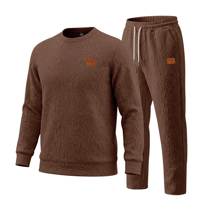 2026 Cross-border Spring and Autumn Men's Texture Pattern Set, Embossed Letter Crew Neck Sweater Pants Set, Large Size Wholesale view 2