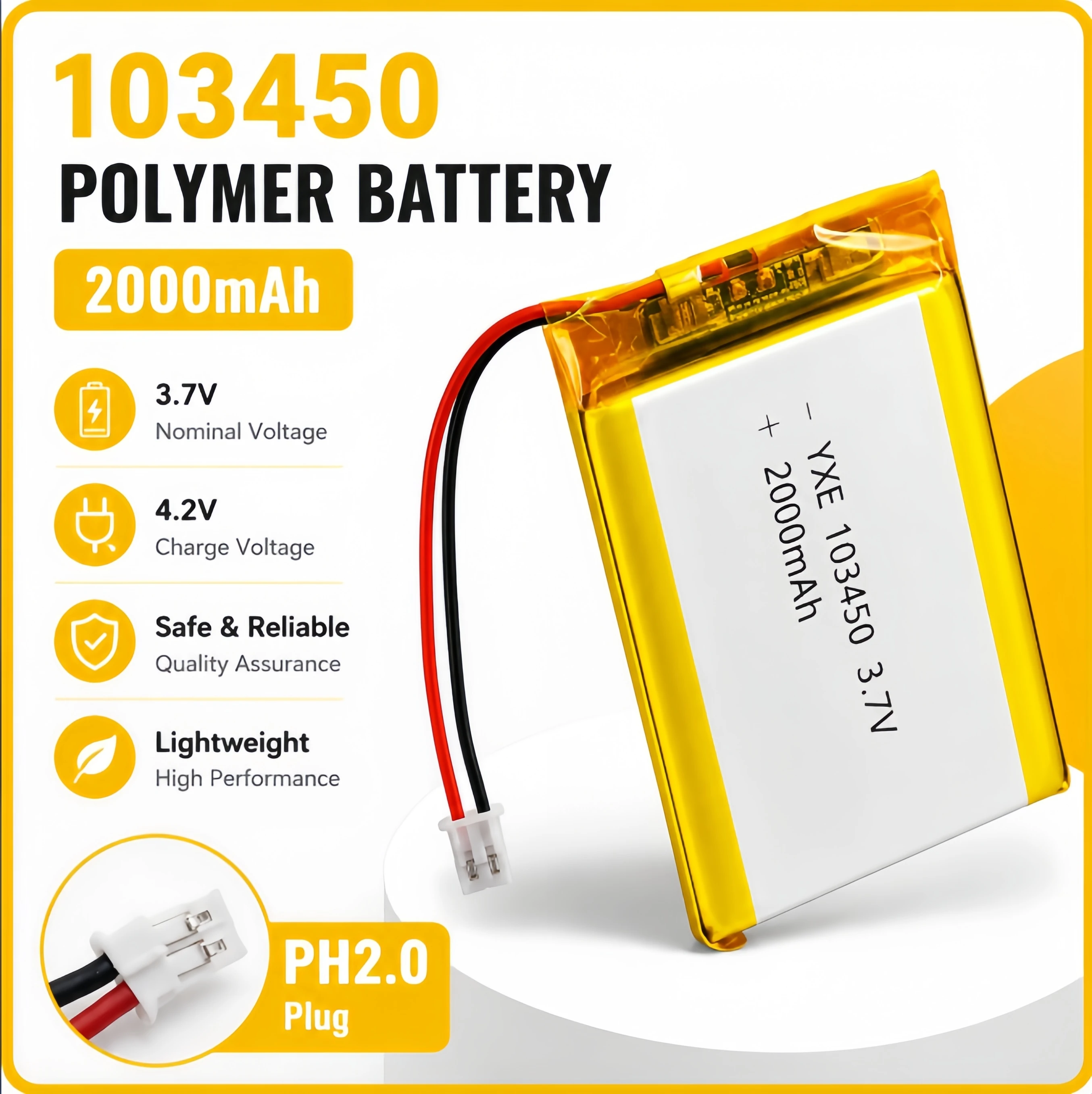 Polymer-Lithium-Akku 103450 3,7 V 2000 mAh mit JST PH 2,0 mm 2-Pin-Stecker für Kamera, GPS, MP3, Headset, Ersatz