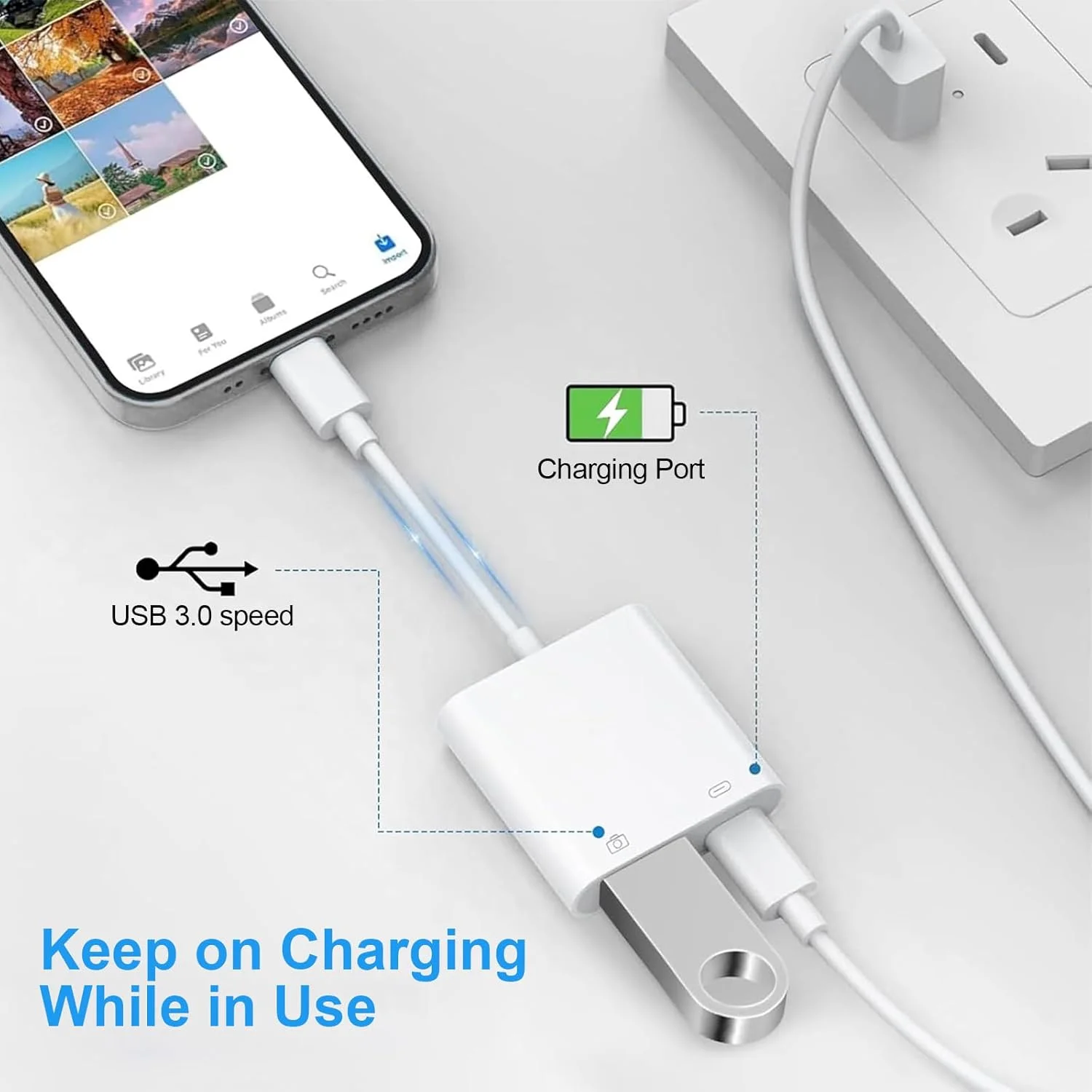 USB C to USB Camera Adapter for iPhone 16/15, USB3.0 Female OTG Adapter with Fast Charging Port For Samsung