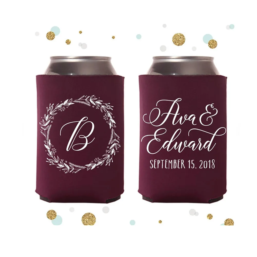 

Monogram Wreath - Wedding Can Cooler #114R - Personalized and Custom - Wedding Favors, Beverage Insulators, Beer Huggers