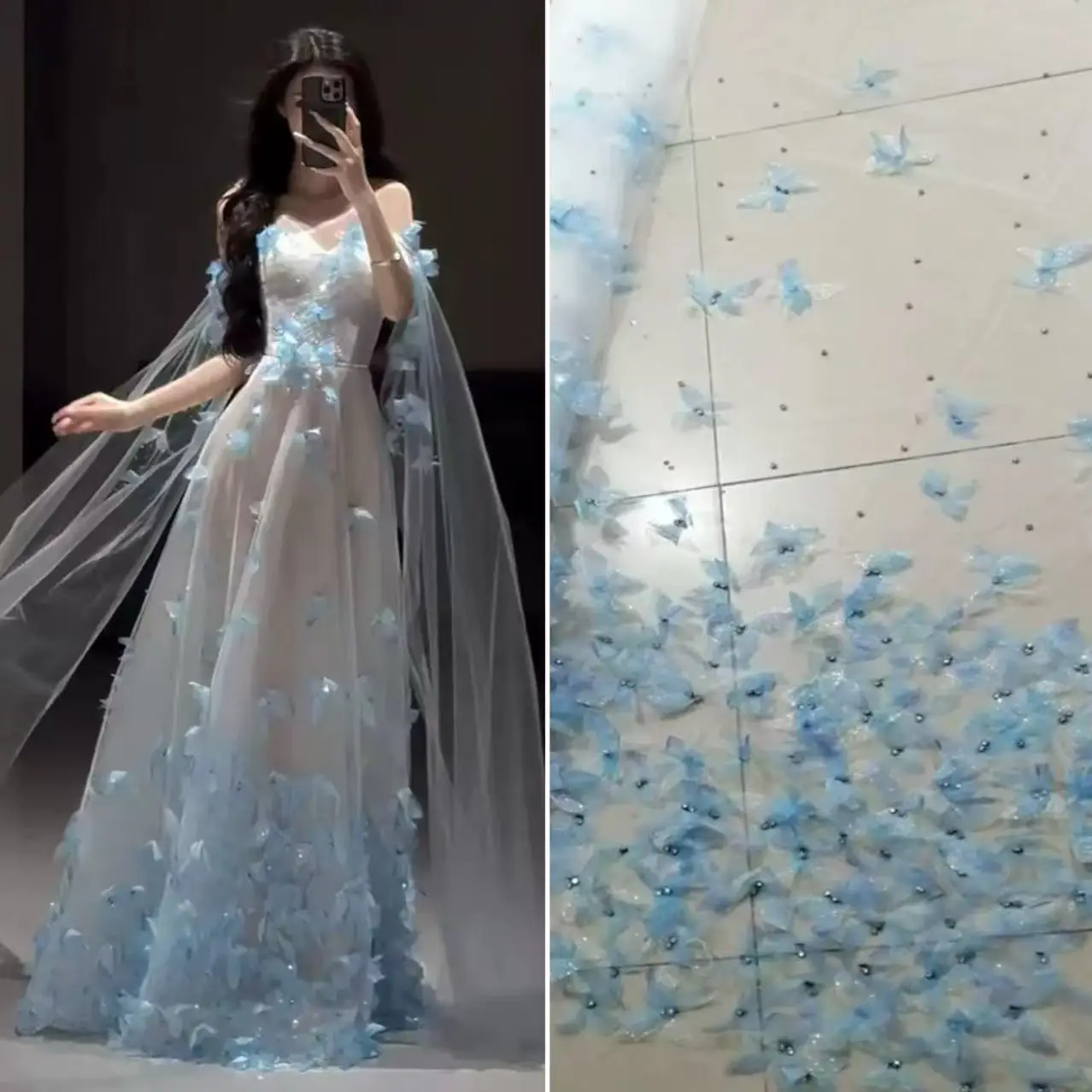 

3D кружевная ткань с цветами-бабочками и хрустальным камнем розового и синего цвета