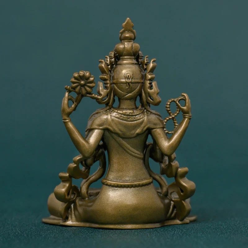 Handcrafted Tibetan Buddhist Four-Armed Avalokiteshvara for Compassionate Protection, Vintage Brass Decor
