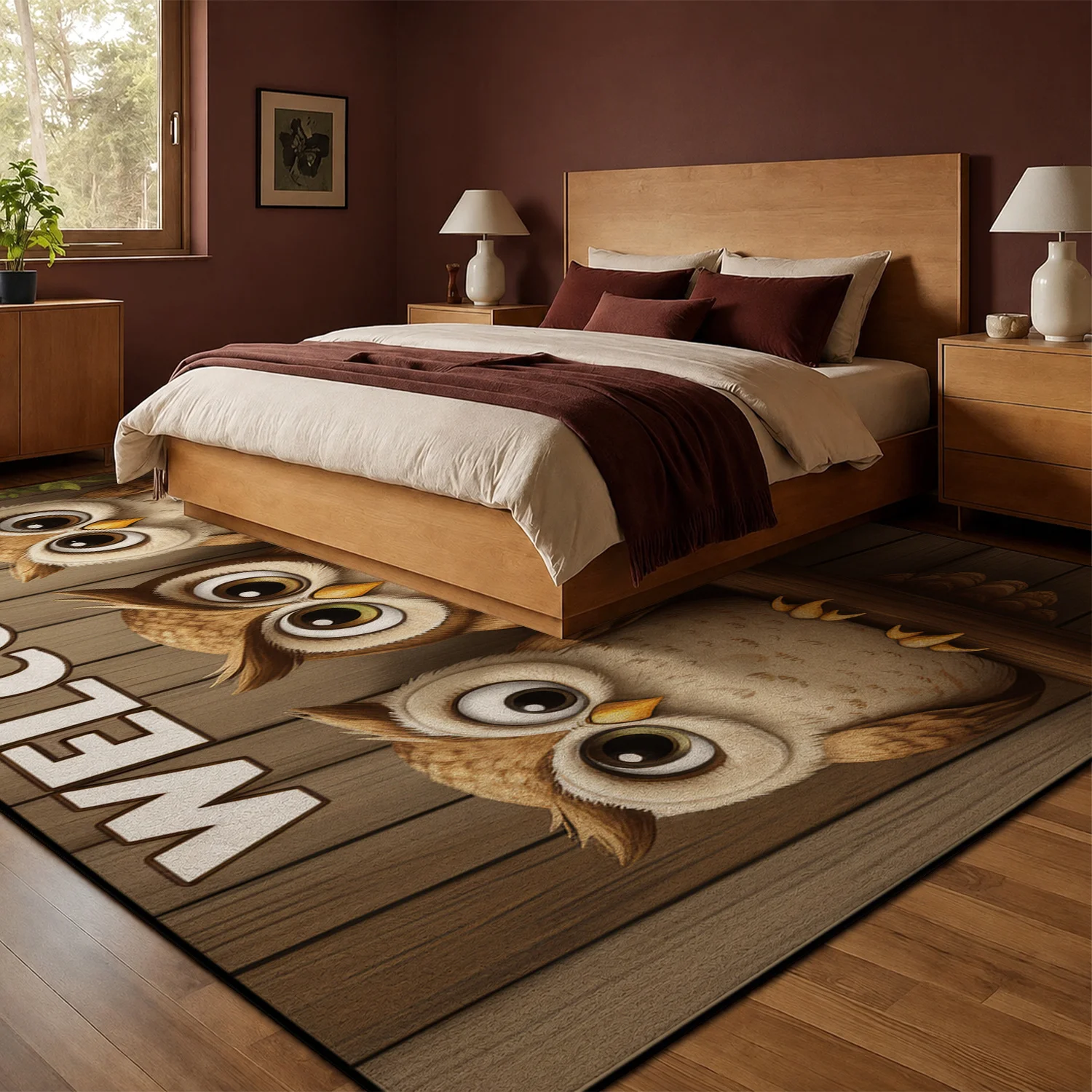 Large Indoor Area Rug, Soft Velvet Low Pile with Non-slip Dotted Backing, Machine Washable, Cute Owls Welcome Pattern for Living Room Entryway Bedroom Home Decor