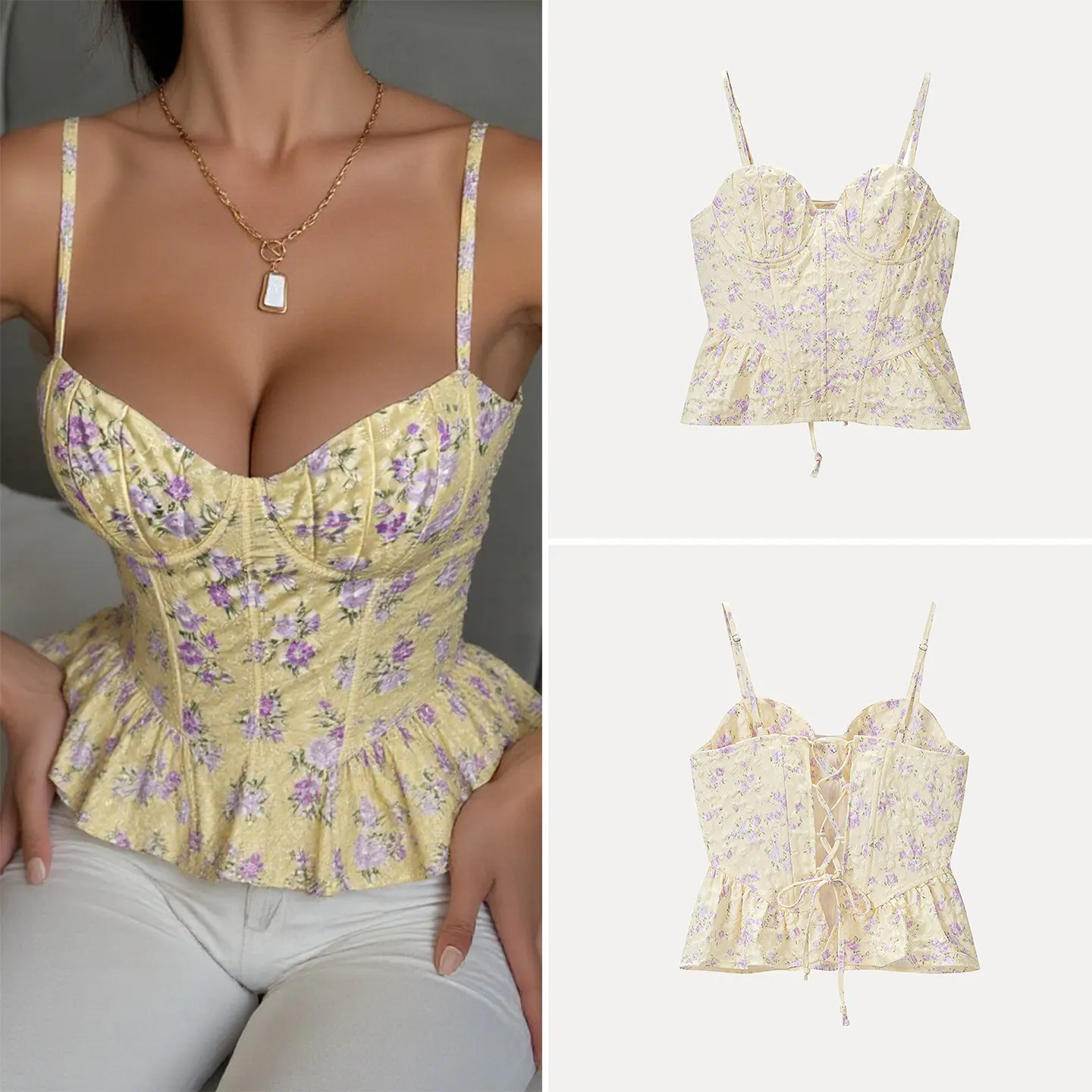 Fashionable Casual Floral Tie Fishbone Wrap Top Women's Summer Clothing Belted Strap Vest Outerwear Regular Length Other Mate...