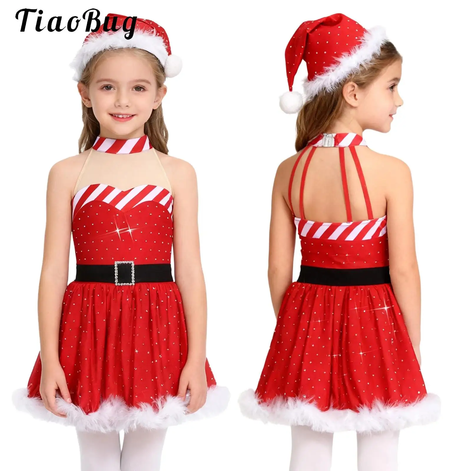 

Kids Girls Candy Cane Santa Claus Costume Sleeveless Rhinestones Christmas Dance Figure Ice Skating Tutu Dress Leotard Dancewear