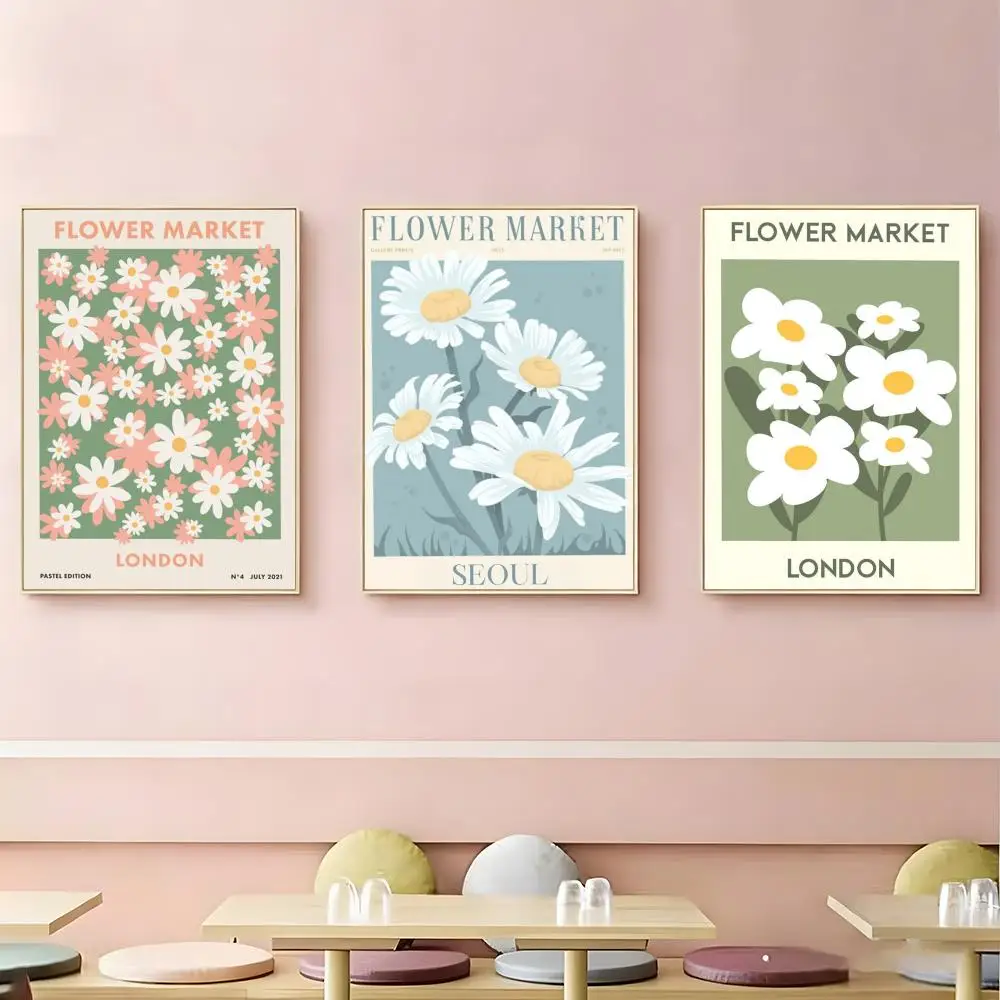 Art Flower Market Daisy Poster HD Self-Adhesive Waterproof Wall Art Easy to Apply Multi-Scene Decor
