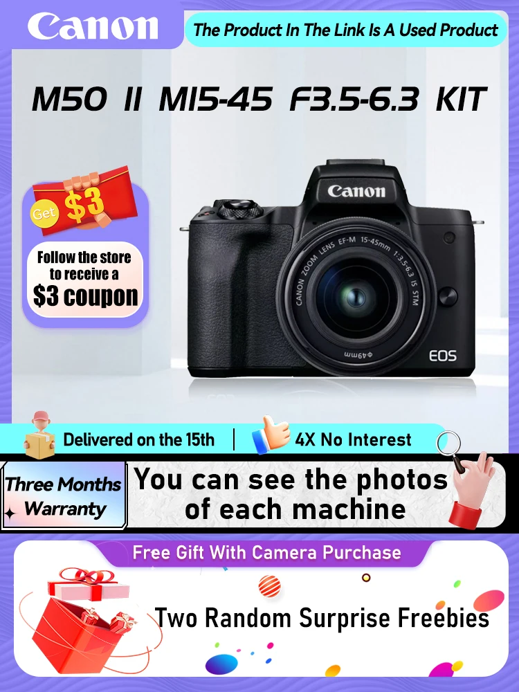 مجموعة كاميرا Canon-EOS M50 II ، كاميرا بدون مرآة ، تصوير احترافي مدمج ، كاميرات فيديو بدقة 4K ، 24.10 ميجابكسل ، مستعملة