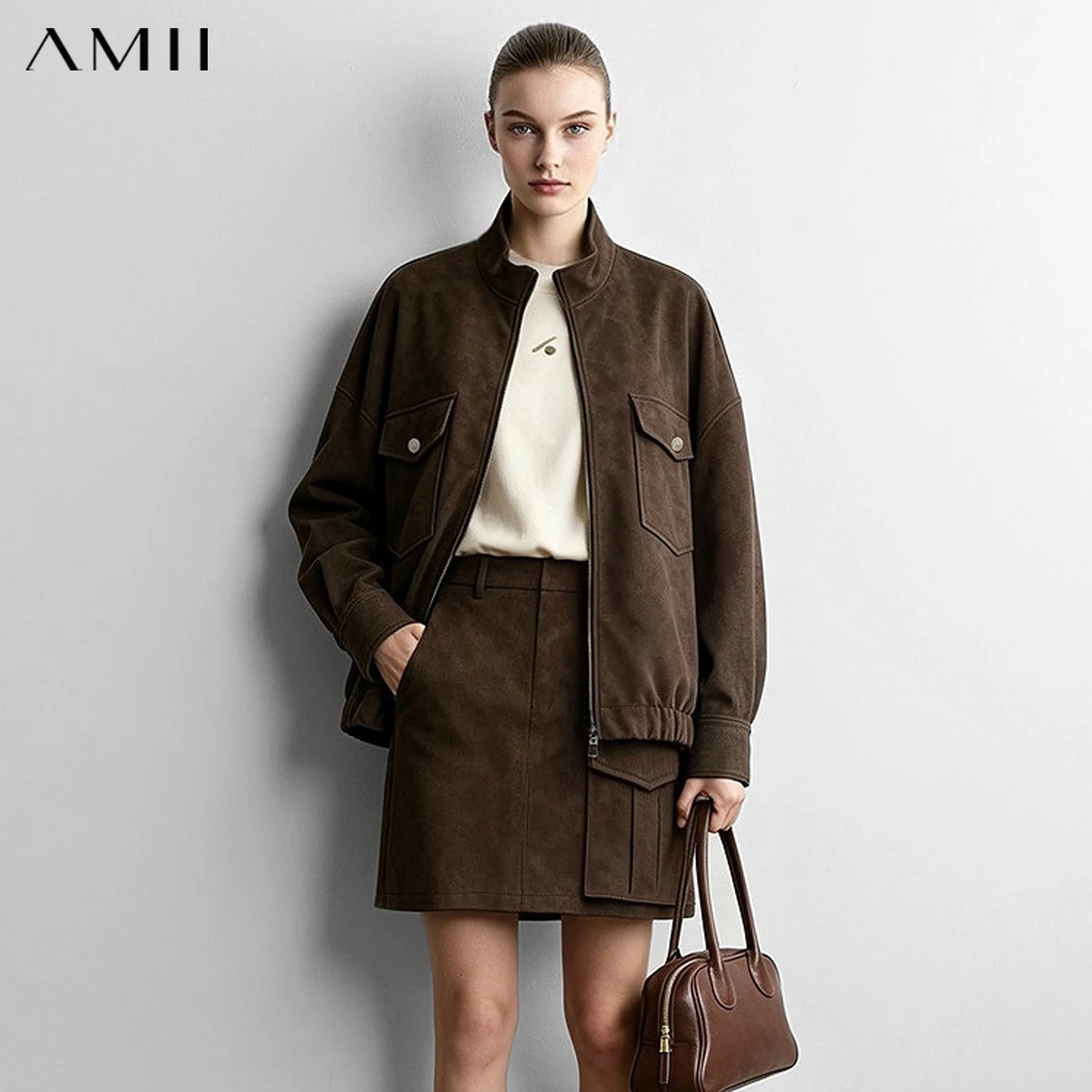 Amii Autumn New Arrival Eco Suede Protein Leather Stand Collar Drop Shoulder Coat Women Loose Mid-Length Outerwear 12623064