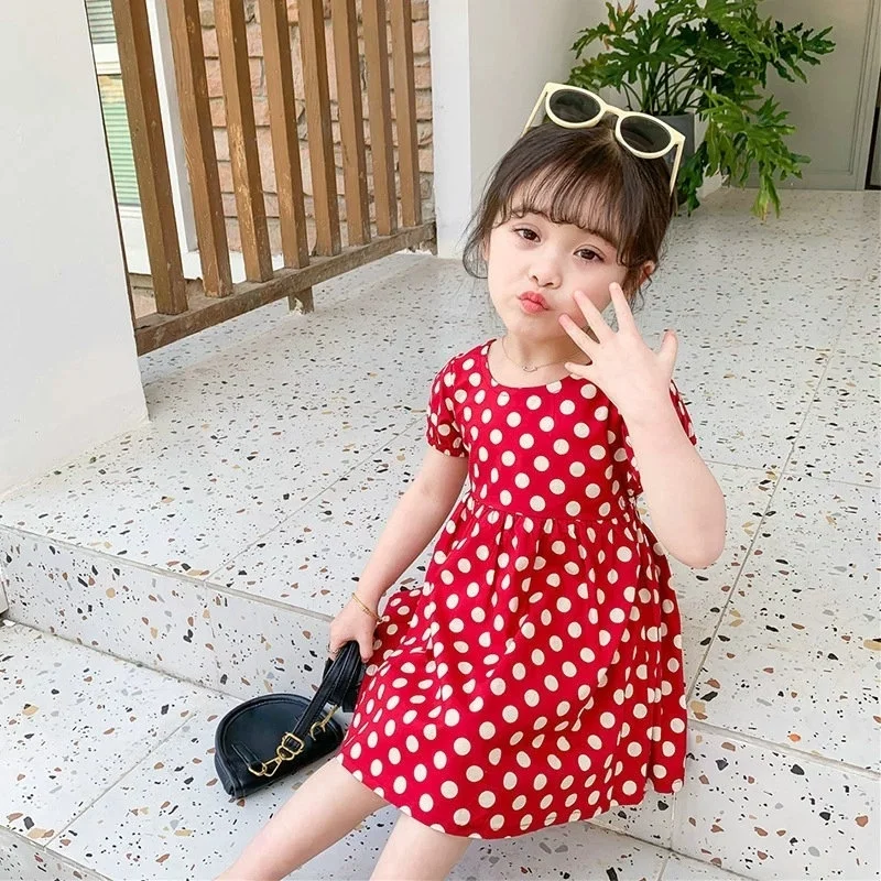 

Korean Style Kids Frock Fashion Polka Dot Black and White Knee Length Dress Girls 2026 Summer New Arrivals Elegant Princess Robe