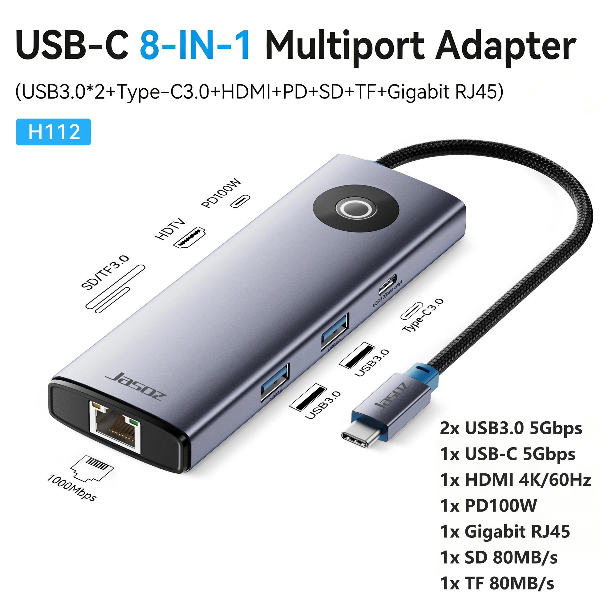 Jasoz USB C HUB 10-in-1 4K60Hz HDMI PD100W VGA RJ45 SD/TF USB3.0 Splitter Adapter voor Laptop Macbook Pro Air Docking Station