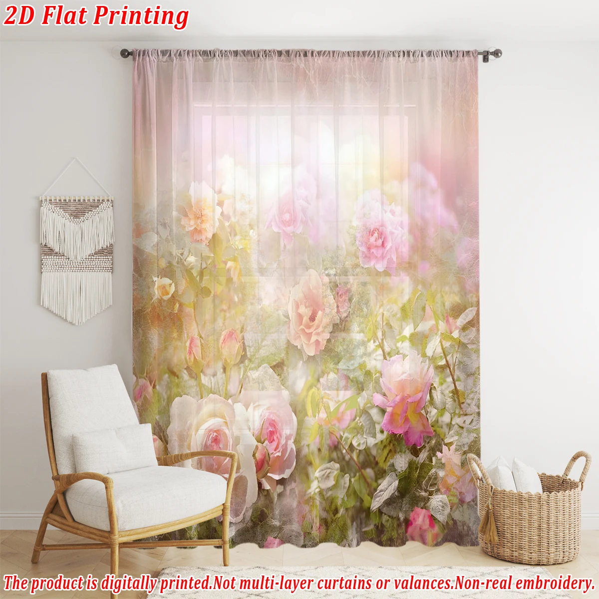 ستارة شفافة بطباعة مسطحة على شكل زهور ملونة، قماش خفيف، لغرفة المعيشة وغرفة النوم وديكور المنزل والنافذة