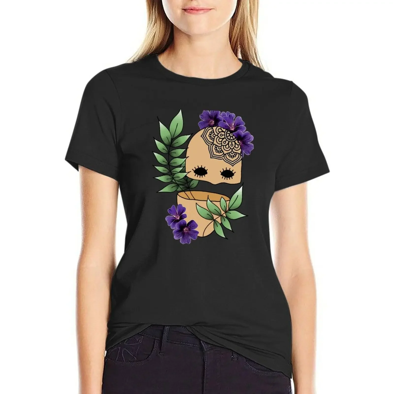 

Plant Lover, Creepy Face with Plant Leaf & Purple Flowers - Repeat Print T-Shirt plain vintage Woman T-shirts