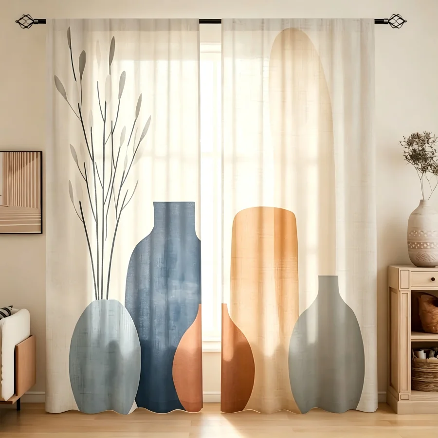 2PCS Digital Print  Curtain, Abstract Vase, Modern Farmhouse Rustic Window Treatment for Bedroom Living Room Decoration